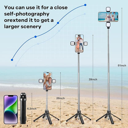 MQOUNY Mini iPhone Tripod Stand & Selfie Stick with Wireless Remote & Removable Light, Extendable Stand 360 Rotation Compatible with iPhone & Android Samsung (Black)