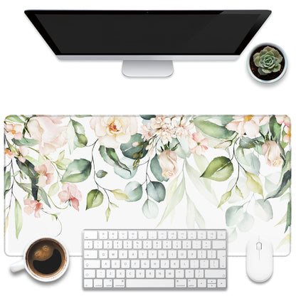KOAIWPAE Desk Mat, Watercolor Pink Flowers Desk Pad, Green Leaves Flowers Large Gaming Mouse Pad for Desk, 31.5"x15.7" Extended Big Computer Keyboard Mouse Pad with Non-Slip Base and Stitched Edge