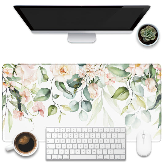 KOAIWPAE Desk Mat, Watercolor Pink Flowers Desk Pad, Green Leaves Flowers Large Gaming Mouse Pad for Desk, 31.5"x15.7" Extended Big Computer Keyboard Mouse Pad with Non-Slip Base and Stitched Edge