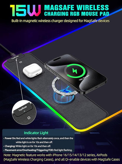 TopMade Wireless Charging RGB Mouse Pad, Waterproof Gaming Desk Pad with 4 Light Modes & 11 RGB Colors, Ultra-Smooth Surface, Non-Slip Base, 31.5"x15.75" XXL Large Desk Mat for MacBook, PC, Laptop