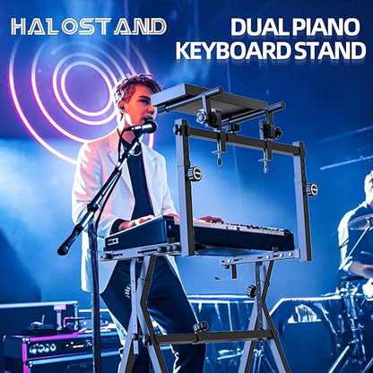 Dual Piano Keyboard Stand with 2nd Tier - Z Style Adjustable and Portable 2 Tier Heavy Duty Music Stand for Synths and Electric Digital Keyboards - Fits 54 61 88 Key Pianos
