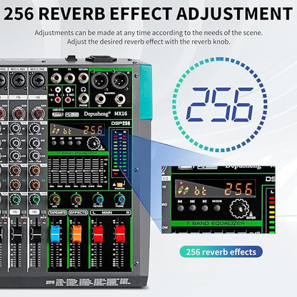 Depusheng MX16 16 Channel Sound Mixer Audio Mixing Console 48V 256DSP Professional USB PC Play Record Podcast Live Broadcast (US MX16)