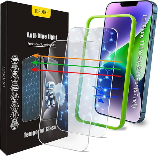 JESOHO Screen Protector for iPhone 13 Pro Max/14 Plus [6.7 Inch], Colorless Anti-Blue Light Tempered Glass Films, Eye Protection,9H Hardness, No Bubbles, Case Friendly Easy Installation Kit, 2 Pack