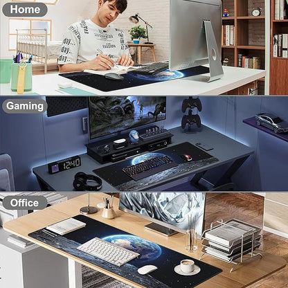 Mouse Pad, Large View of Earth from The Moon Surface Desk Mat, Extended Non-Slip Gaming Keyboard Mousepad Desk Pad, Thick Stitched Edges Waterproof Mouse Mat 31.5"x15.7" (Beautiful Blue Earth)