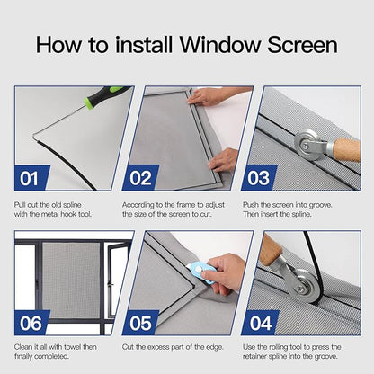 Window Screen Door Repair Kit Include Window Screens Mesh 48"x114" with All Tools in Window Screen Replacement(Screen Rollers, Splines, Hook), Yolovit