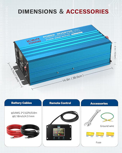 2000 Watt Inverter Pure Sine Wave DC 24V to 110V/120V AC Power Inverters with 3 AC Charger Outlets Car Solar Converter for Vehicles Home with LCD Display and 2.4A USB Charging Port