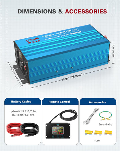 2000 Watt Inverter Pure Sine Wave DC 24V to 110V/120V AC Power Inverters with 3 AC Charger Outlets Car Solar Converter for Vehicles Home with LCD Display and 2.4A USB Charging Port