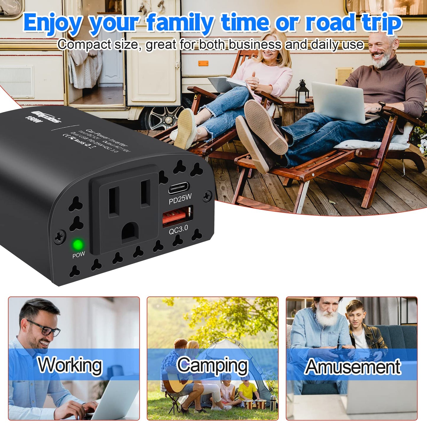 Bapdas 150W Car Power Inverter DC 12V to 110V AC Car Adapter for Plug Outlet with PD 25W &QC3.0 USB Ports Car Charger Adapter