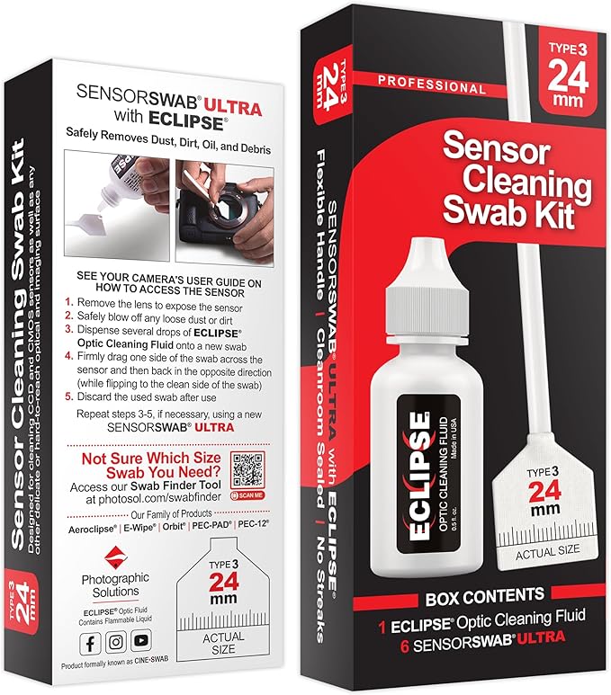 Sensor Cleaning Swab Kit - Eclipse Optic Cleaning Solution (0.5oz/15ml) + Type-3 Sensor Swab Ultra 24mm (Pack of 6) - for Full Frame CMOS and CCD Sensors - Dust & Oil Remover