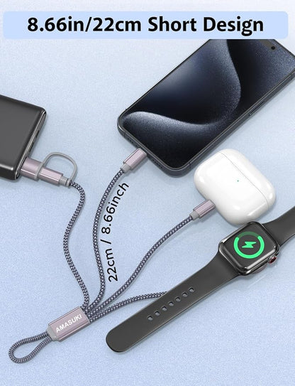 Short 8inch 3 in 2 USB C Cable for Apple Watch Charger iPhone Charger USB C Multi Fast Charging Cable Compatible with iWatch Ultra/SE/10/9/8/7/6/5/4/3/2/1 & iPhone 16/15/14/13/12/11/Galaxy S23