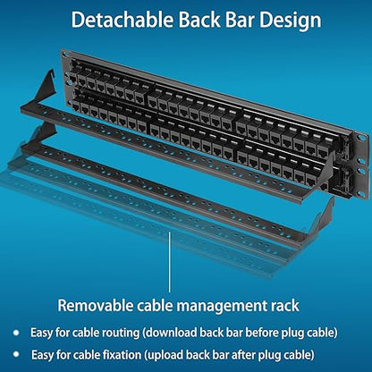 Rapink Patch Panel 48 Port Cat6A with Inline Keystone 10G Support, Pass-Thru Coupler UTP 19-Inch with Removable Back Bar, 1U Network Patch Panel for Cat6A,Cat6, Cat5e, Cat5 Cabling