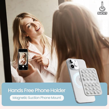 SUCKY Silicone Suction Phone Case Adhesive Mount - Anti-Slip Holder, Hands-Free Fidget Toy, Phone Accessory for iPhone and Android (Crystal White, Magnetic)