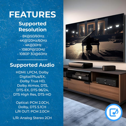OREI 8K@60Hz 48Gbps HDMI Audio Extractor, SPDIF & 3.5mm, ARC, HDCP 2.3, CEC