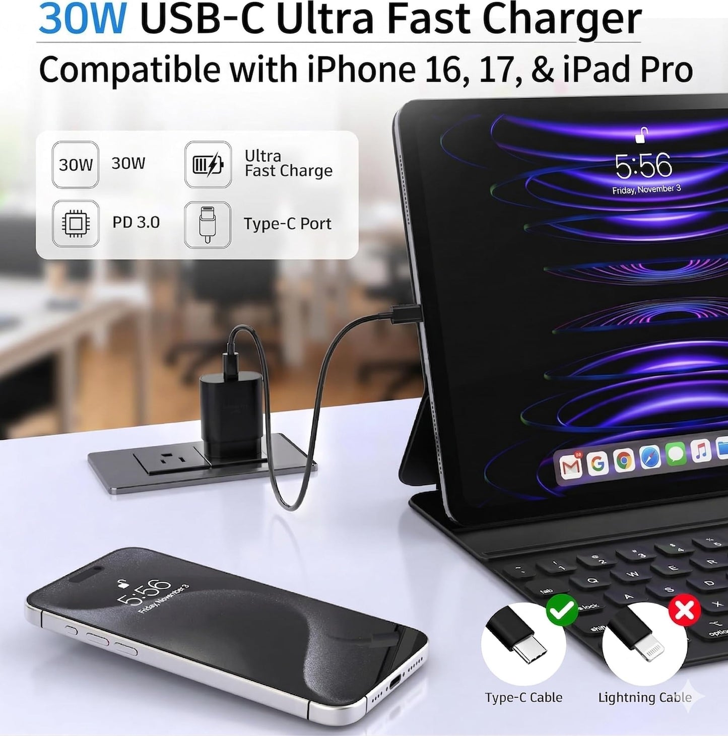 TT&C 30W USB C Fast Charger with 10FT & 6.6FT Cables for iPhone 17, 16, 15