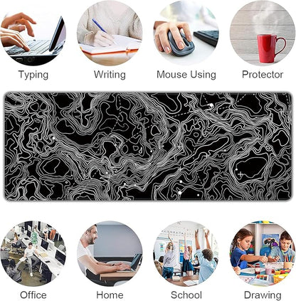 Black with White Topographic Line Large Mouse Pad,Gaming Keyboard Desk Pad,Extended Mouse Mat Non-Slip Rubber Base with Stitched Edges for Office Game Home XL 31.5"x11.8"