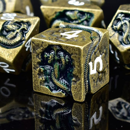 RULE DICE Metal D&D Dice, DND Dice Set, Polyhedral Dice for Dungeons and Dragons RPG Games | 7pc D and D Dice Set with Green Serpent | Gift for TTRPG Players