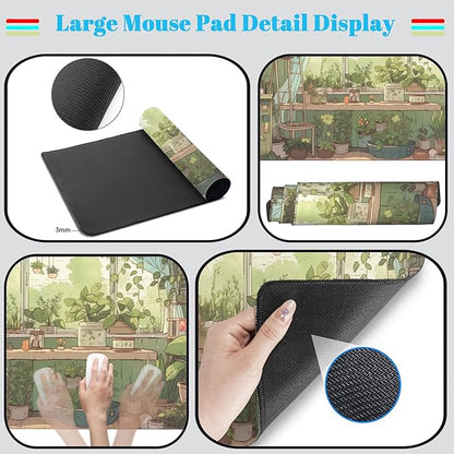 Cute Desk Mat Green Plants Gaming Mouse Pad XXL Large Extended Sage Laptop Keyboard and Mouse Mat with Stitched Edges, Computer Desktop Mat Playmat for Women Office Desk Decor Pad Mat 31.5x15.7 in