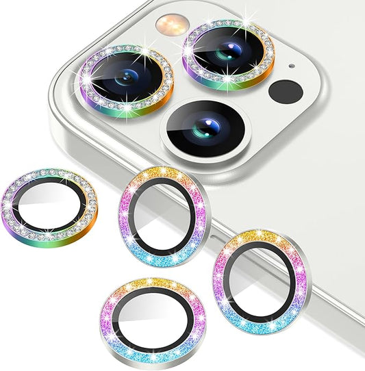 AGVEE 3+3 6 Pack for iPhone 12 Pro Max 6.7" Camera Lens Protector, Bling Diamond & Bling Glitter Metal Ring 9H Tempered HD Glass Camera Cover Film, Bling-Colorful