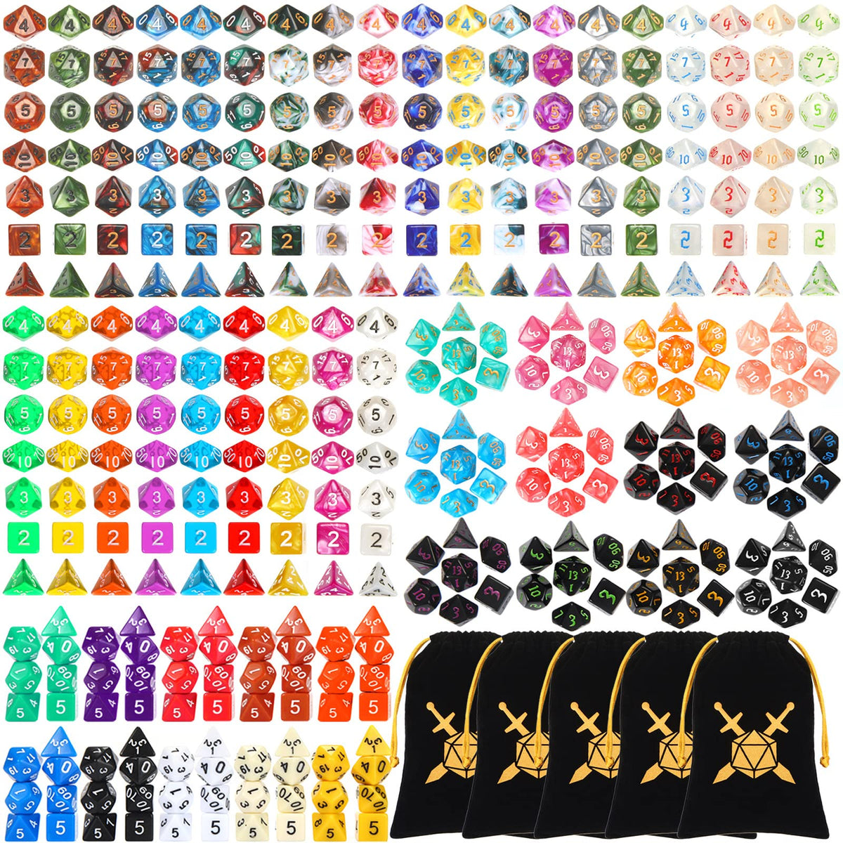 Yilloog 350 Pcs Dice Sets Bulk with Drawstring Bag Polyhedral Dice Sets Multi Role Playing Table Game D4 D6 D8 D10 D% D12 D20 (Mixed Style)