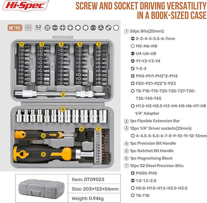 Hi-Spec 78pc Multi Screw Driver Bit Set and 1/4 inch Socket Set with Handles. Flexible Extension, Precision, Torx and Tamperproof 1/4 inch Hex Screwdriving Bit Accessories in a Case
