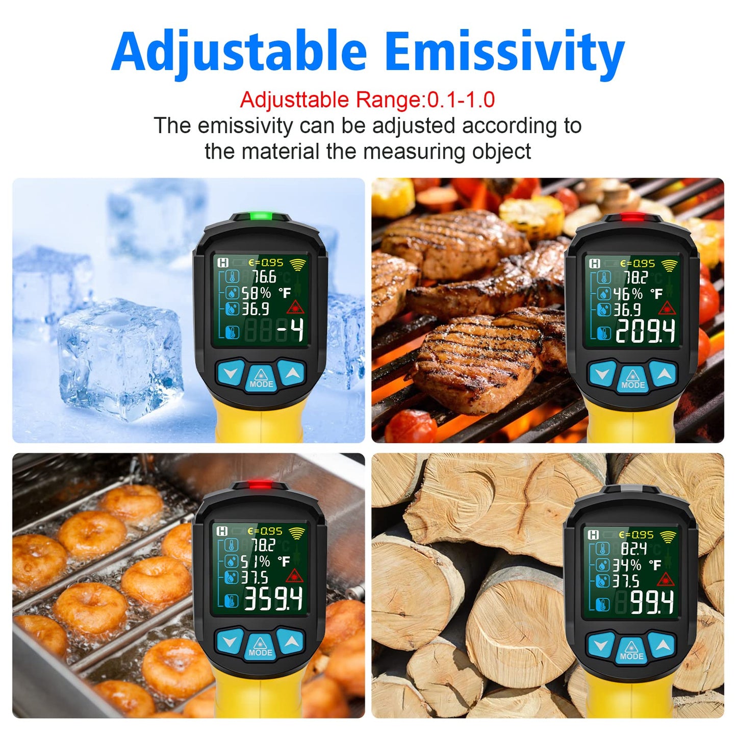 Infrared Thermometer Temperature Gun, -58°F to 1472°F, Digital Laser Thermometer Gun with Probe for Cooking, Pizza Oven, Grill & Engine, IR Thermometer Temp Gun with Adjustable Emissivity & Humidity