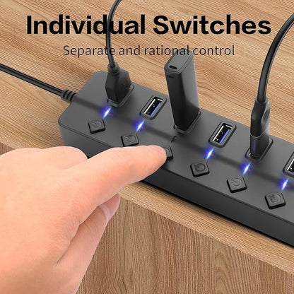 90 Degree USB Hub Splitter YACSEJAO USB 2.0 Data Hub with Individual LED Button On/Off Switch DC5.5 * 2.1 Power Port for Laptop,PC Computer (7 Ports, 0.3M)