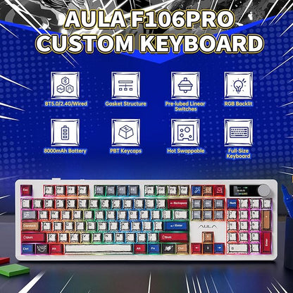 AULA F106 PRO Mechanical Keyboard,Full Size Gaming Keyboard with Hot Swappable Knob & Screen,Tri-Mode RGB Backlit with 8000mAh for PC/Laptop/Windows - Blaze Switch,Comic Mix