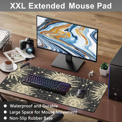 Mouse Pad, Large Golden Sun with a Face and Orbits Desk Mat, Extended Non-Slip Gaming Keyboard Mousepad Desk Pad, Thick Stitched Edges Waterproof Mouse Mat 31.5"x15.7" (Boho Pattern)