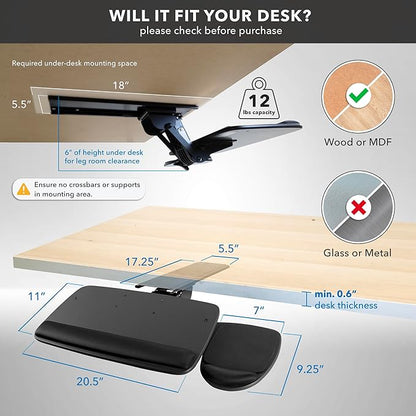 Mount-It! Full Motion Under Desk Keyboard Tray with Wrist Rest | Height and Tilt Adjustable Ergonomic Slide Out Keyboard Platform with Swivel, Mouse Pad for Left or Right Setup
