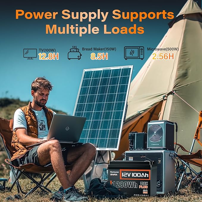 12V 100Ah LiFePO4 Battery MAX PLUS 4 Pack - 110A BMS with Low Temp Cutoff | 15000+ Deep Cycles for RV Solar Marine Trolling Motor | Off-Grid Backup Power Rechargeable Lithium Iron Phosphate Battery