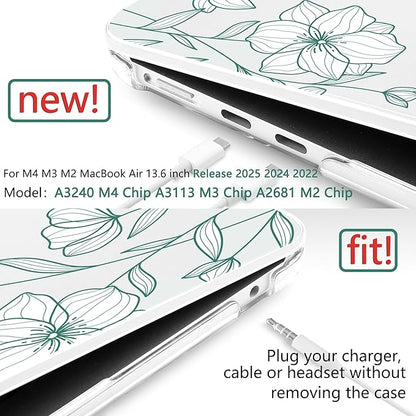 TWOLSKOO Compatible with M4 MacBook Air 13.6 inch Case 2025-2022 Release M4 A3240 M3 A3113 M2 A2681, Plastic Hard Shell & Keyboard Cover & Type C Adapter & Screen Protector, Botanical Line Art
