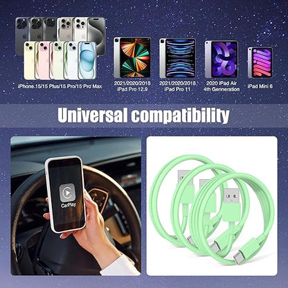 3-Pack Green [3.3FT+3.3FT+6FT] USB A to USB C Cable，USB to USB C Car Carplay Cable for iPhone 16 15 Pro Plus Pro Max，for iPad Pro/Air/Mini，for Samsung S24/S23/S22/S21，for MacBook Pro/Air and More