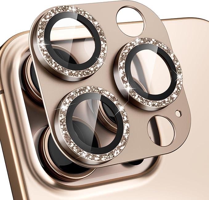 beuxece Compatible for iPhone 16 Pro/iPhone 16 Pro Max Camera Lens Protector, Bling Metal Tempered Glass Camera Screen Cover [Strong Adsorption][Case-Friendly]- Glitter Deep Titanium Desert