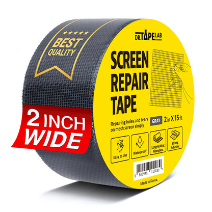 DR.TAPELAB, Grey Window Screen Repair Tape, 2 in X 15 FT, Screen Repair Kit for Windows or Doors, Strong Adhesive Patch Kit Fiberglass Mesh Tape