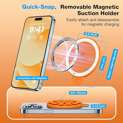 Magnetic Suction Cup Phone Mount for MagSafe Case, Silicone Hands-Free Grip Holder for iPhone and Android, Mirror Shower Phone Stand for Makeup FaceTime Gym Kitchen Bathroom, Orange