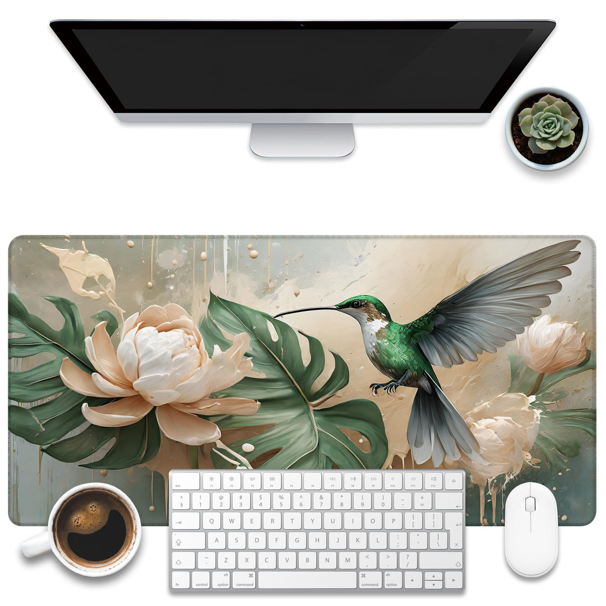 KOAIWPAE Desk Mat, Watercolor Pink Flowers Desk Pad, Green Leaves Flowers Large Gaming Mouse Pad for Desk, 31.5"x15.7" Extended Big Computer Keyboard Mouse Pad with Non-Slip Base and Stitched Edge