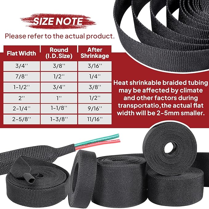 Braided Sleeving 2:1 Shrinkable Fabric Heat Shrink Tubing- Abrasion Protection Flexibility Wiring Harness Cable Sheath (1/2" ID, 30ft)