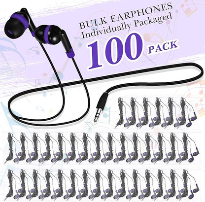 Kanayu 100 Pack Wired Earbuds Bulk for Classroom Ear Headphones Wired Basic Student Earbuds No Microphone with 3.5mm Jack for Kids Class Laptop School Library, Individually Bagged(Purple)