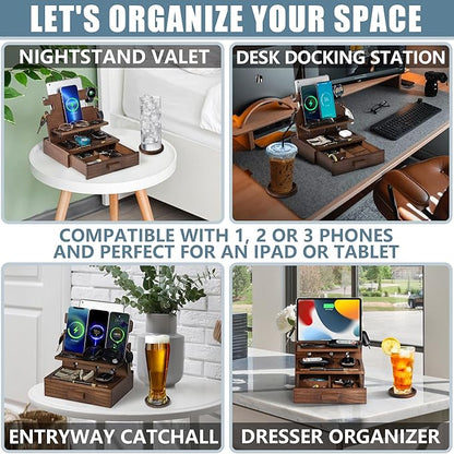 Wood Phone Docking Station for up to 3 Phones, Samsung Galaxy Watch Compatible Nightstand Organizer with Drawer for Valuables for Men & Women, Holds Phones, Tablets, Keys, Rings, Glasses, Watches, EDC