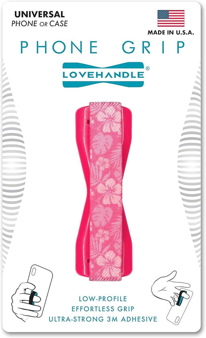 LOVEHANDLE Universal Phone Grip for Smartphones & Mini Tablets - Phone Holder for Hand - Wireless Charging Compatible - Made in The USA - Pink Aloha