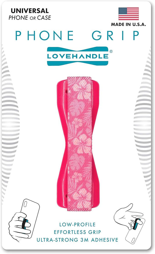 LOVEHANDLE Universal Phone Grip for Smartphones & Mini Tablets - Phone Holder for Hand - Wireless Charging Compatible - Made in the USA - Pink Aloha