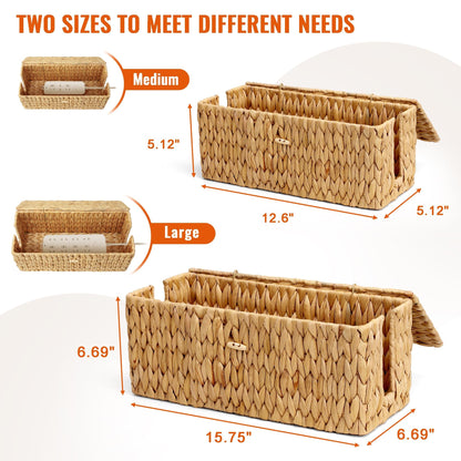 Posprica Cable Management Box with Lid, 2Pack Handwoven Real Water Hyacinth Cord Hider Organizer Boxes, 2 Side Open Slots Storage Box to Hide Cords Power Strip for Desk, Floor, Office