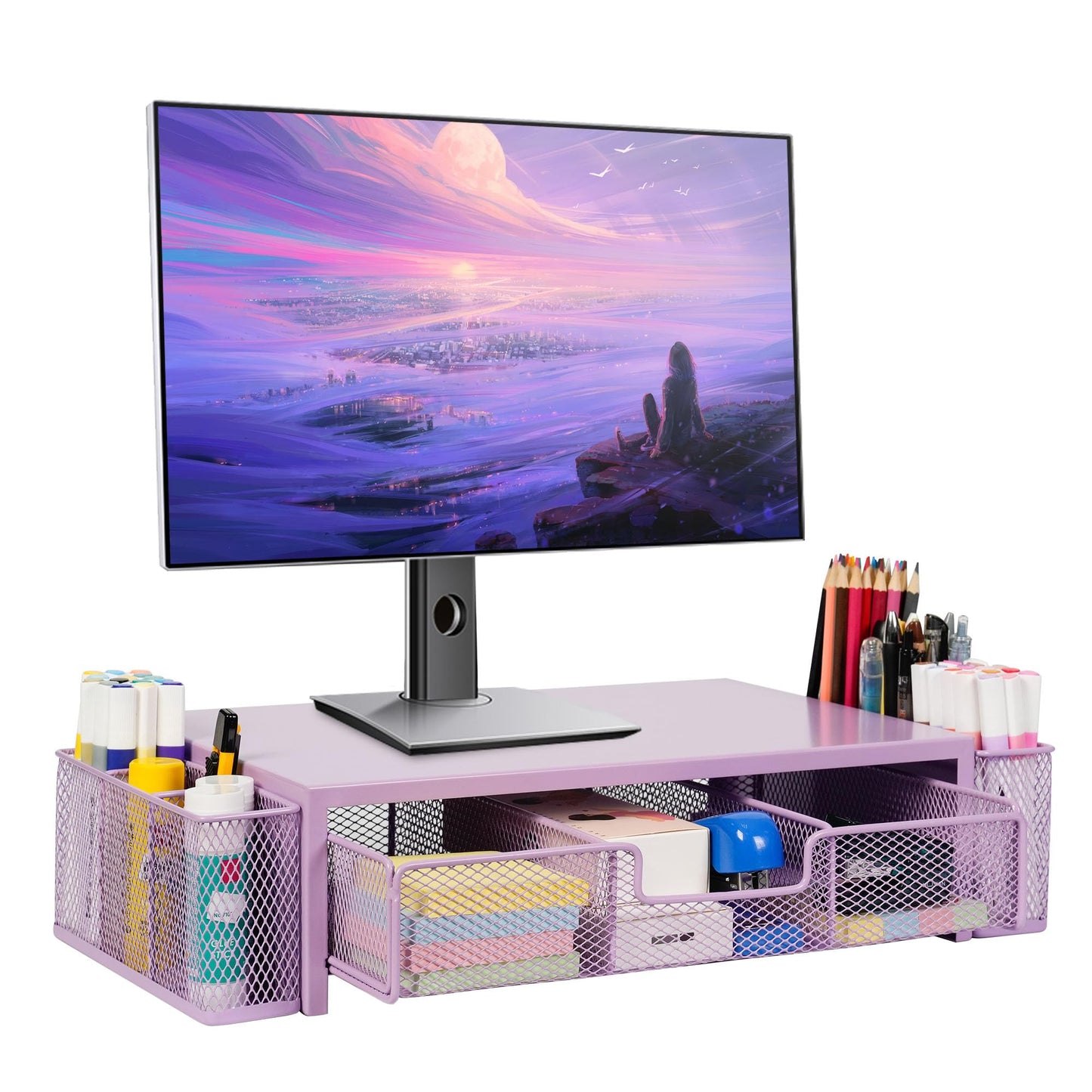 Qupui Computer Monitor Stand Riser with Drawer and Pen Holders, Desk Organizer Shelf and Accessories, Office Desk Accessories, Office Organization, Purple