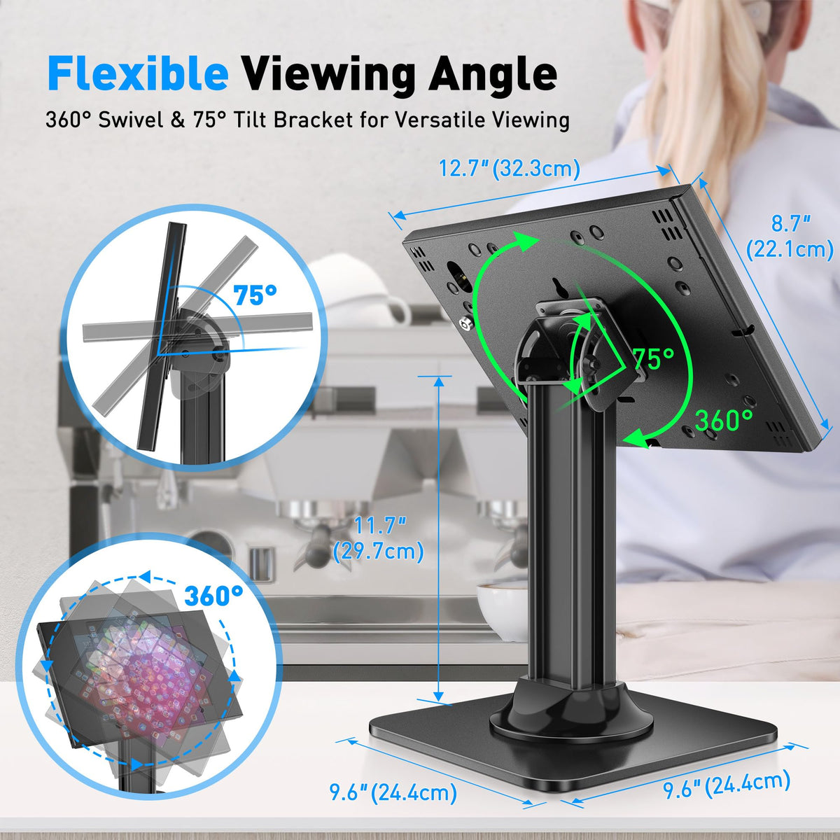 AboveTEK Anti-Theft iPad Kiosk Stand – POS iPad Security Stand & Locking Tablet Holder – Heavy Duty Base, 360° Swivel, 75° Tilt Bracket – Perfect for Retail Business