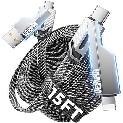 4-in-1 Long USB C Cable 60W 15FT Compatible With Lightning Cable [Fast Charging&Data Transfer] Flat Nylon Braided for iPhone iPad Charger Cord, Multi Charge Wire Combo with L/Type C/USB A Port