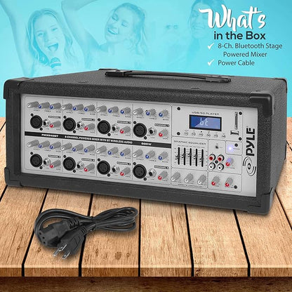 PyleUsa 8 Channel Bluetooth Stage Powered Mixer, 800 Watt Pro Audio Sound Mixer, MP3 USB SD Readers, Aux Input, Digital LCD Display, Built in Cooling Fan