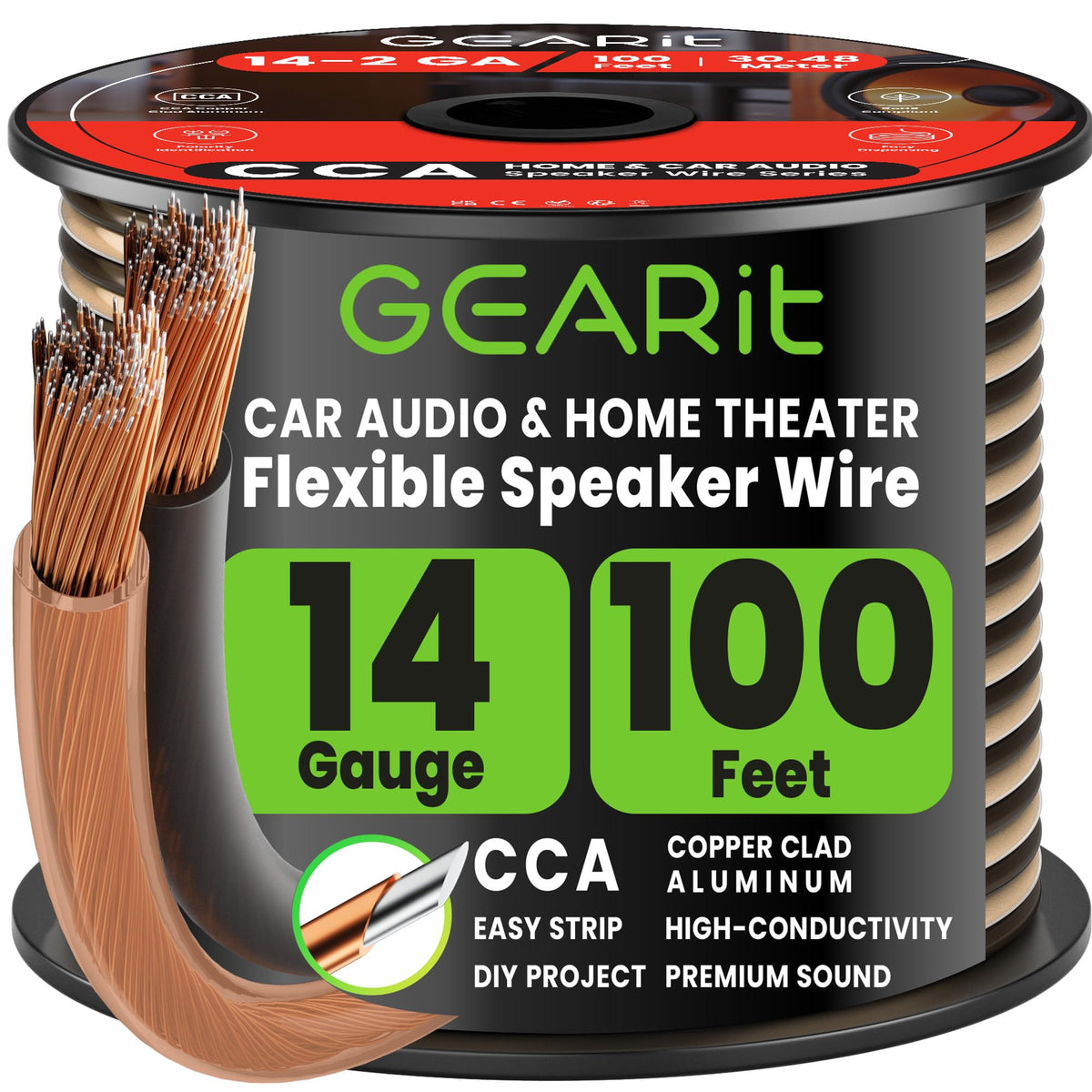 GEARit 14 Gauge Speaker Wire 100FT,14/2 Speaker Cable for Home & Car Audio