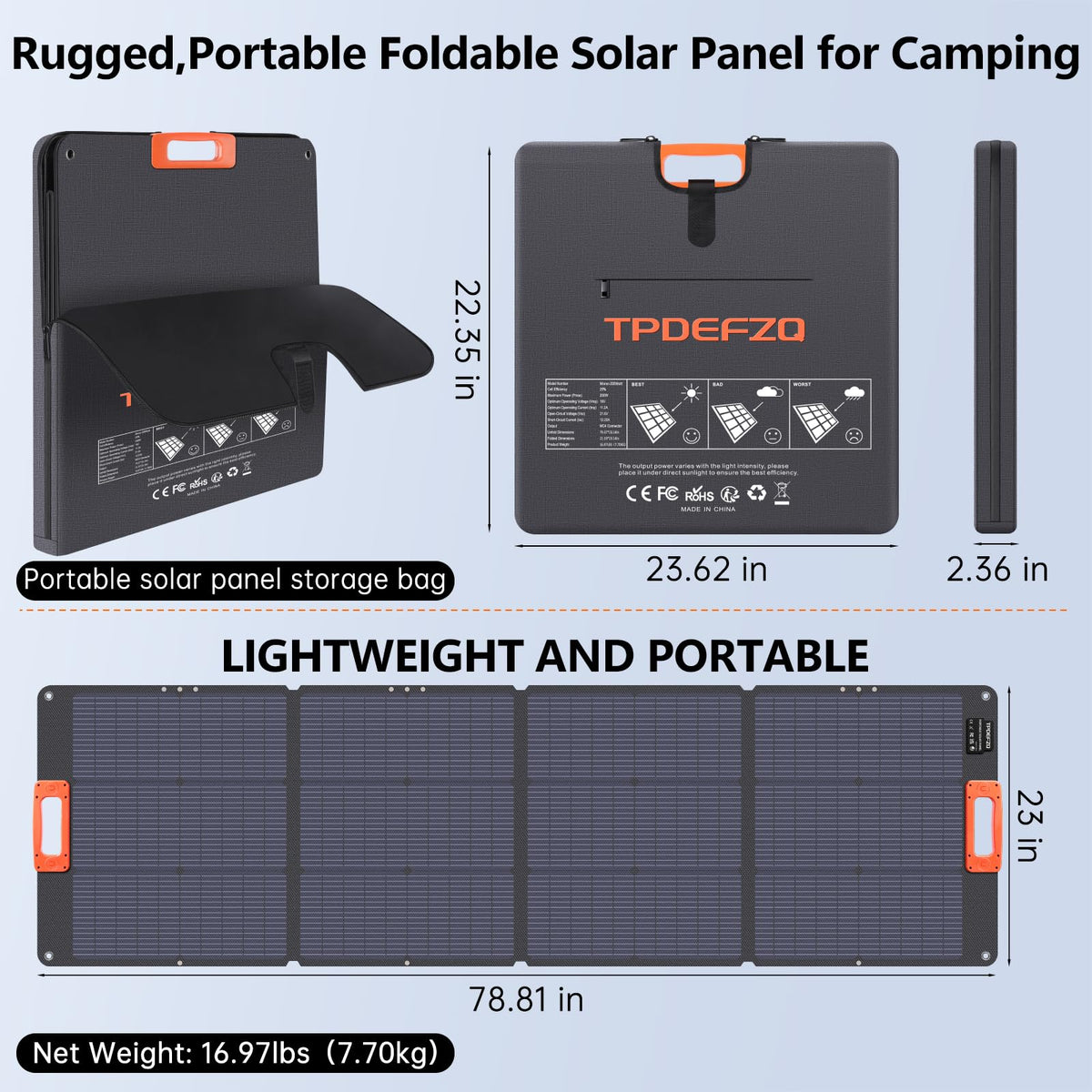 TPDEFZQ N-Type 16BB 200W Portable Solar Panel for Power Station ETFE Foldable Solar Panel High 25% Efficiency IP68 Waterproof Solar Panels Kit for Outdoor Camping RV Backuot