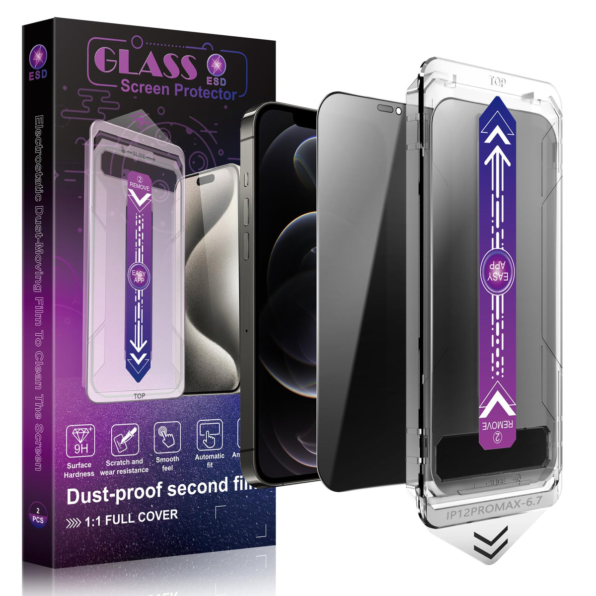 SHANG PIN JIA 2 Pack Screen Protector Tempered Glass for iPhone 15 Pro Max 6.7-Inch Auto Dust Removal, No Bubbles, High Definition Clear, Easy Installation