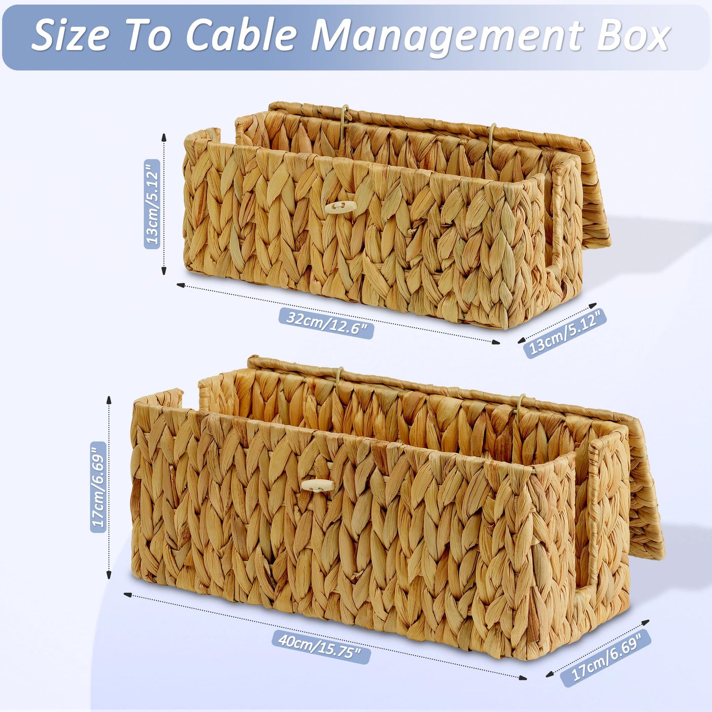 efluky 2 Pack Water Hyacinth Floor Cord Covers with Lid, Hand-woven Cable Management Box, 2 Open Slots Cord Box to to Hide USB Wire, Power Strip & Charger for Home & Office and Dorm, Natural
